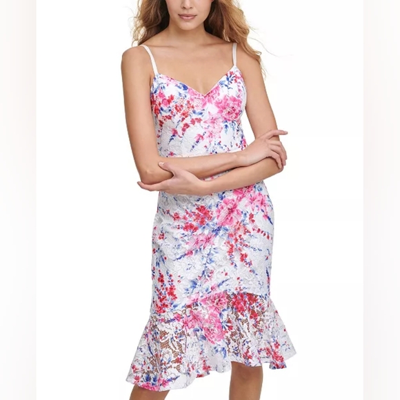 GUESS Women Size 4 Printed Floral Lace Bodycon Dress Maxi Flare Multicolor Chic - Picture 1 of 10